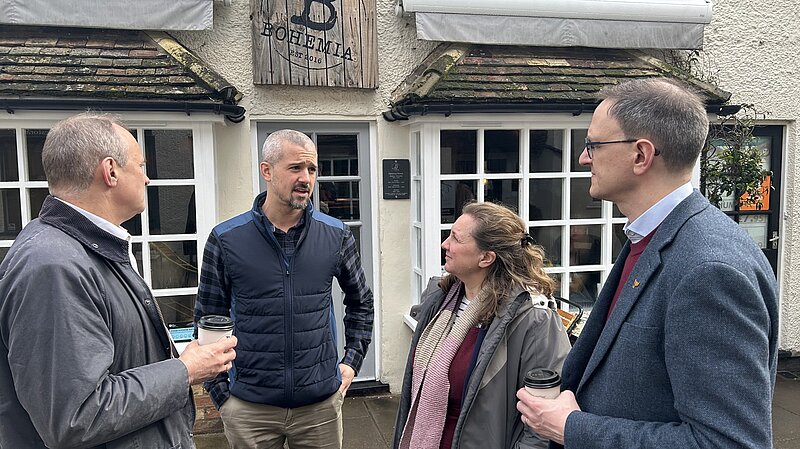  Ed Davey discussed the challenges facing St Neots high street with Bohemia owner James Larman, Cambridgeshire County Council leader Lucy Nethsingha and Lib Dem Parliamentary Candidate Ian Sollom on a recent visit