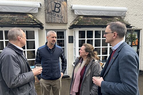  Ed Davey discussed the challenges facing St Neots high street with Bohemia owner James Larman, Cambridgeshire County Council leader Lucy Nethsingha and Lib Dem Parliamentary Candidate Ian Sollom on a recent visit