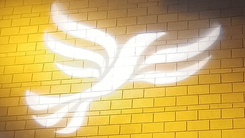 New charges for Adult Social Care Lib Dem logo bird projected on blockwork