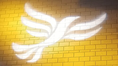 Win for Active Travel! Lib Dem logo bird projected on blockwork
