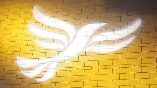 The Lib Dem Vision for a Greener South Cambs in Action Lib Dem logo bird projected on blockwork
