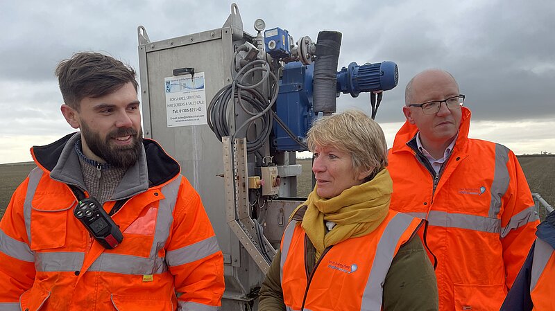 Pippa Heylings being shown Sewage Treatment Works by Louis Harvey, Treatment Manger, and Robin Price, Director of Environment and Water Quality, both from Anglian Water
