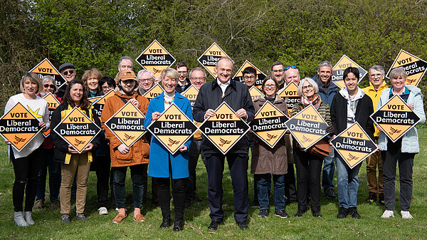 Lib Dem campaigners from South Cambridgeshire. Pippa Heylings, parliamentary candidate for South Cambs, is standing in the centre with Ed Davey, the party leader.