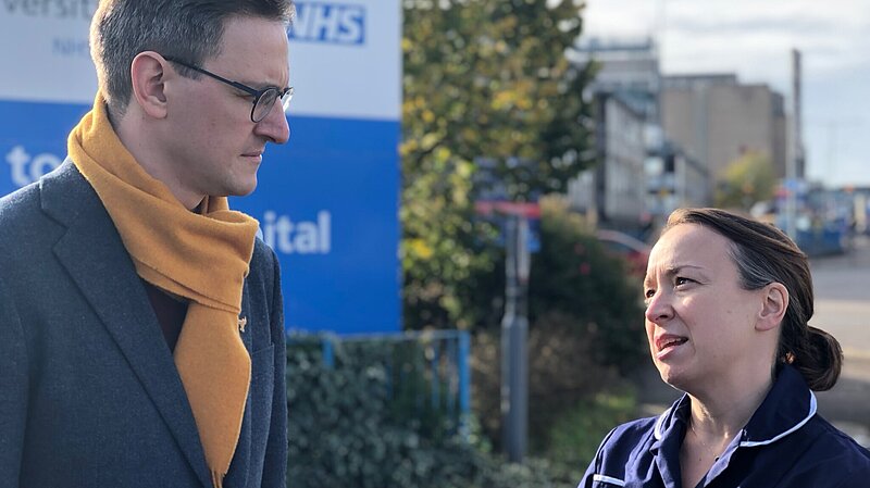 Ian talking to Alex in front of Addenbrooke's Hospital