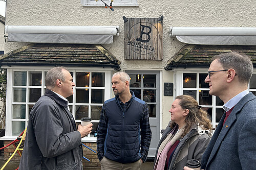 Ian Sollom, Ed Davey and others in front of Bohemia