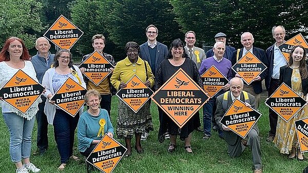 A group of Lib Dem campaigners from Huntingdonshire. Ian Sollom, parliamentary candidate for St Neots and Mid Cambs, is standing in the centre.